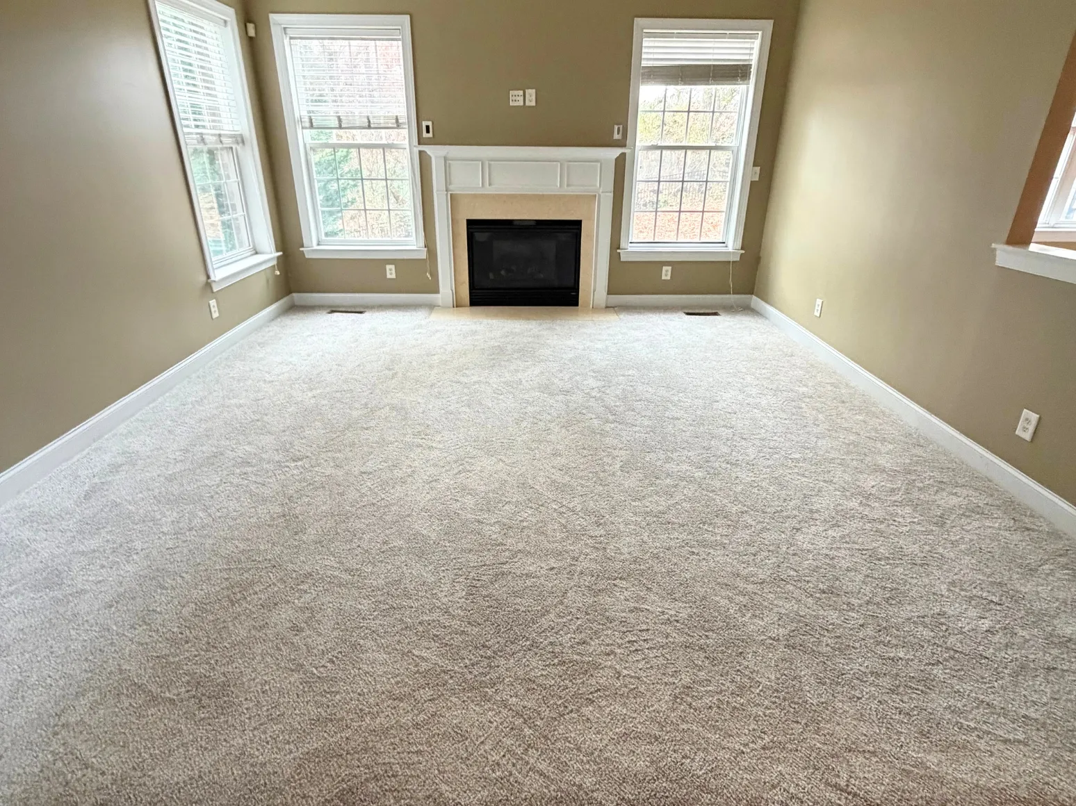 Before hardwood installation: Living room, carpet to natural oak