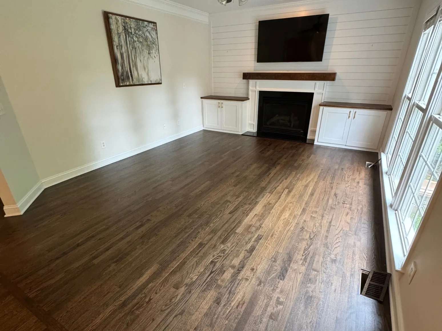 After refinishing: Shiplap fireplace living room, dark espresso