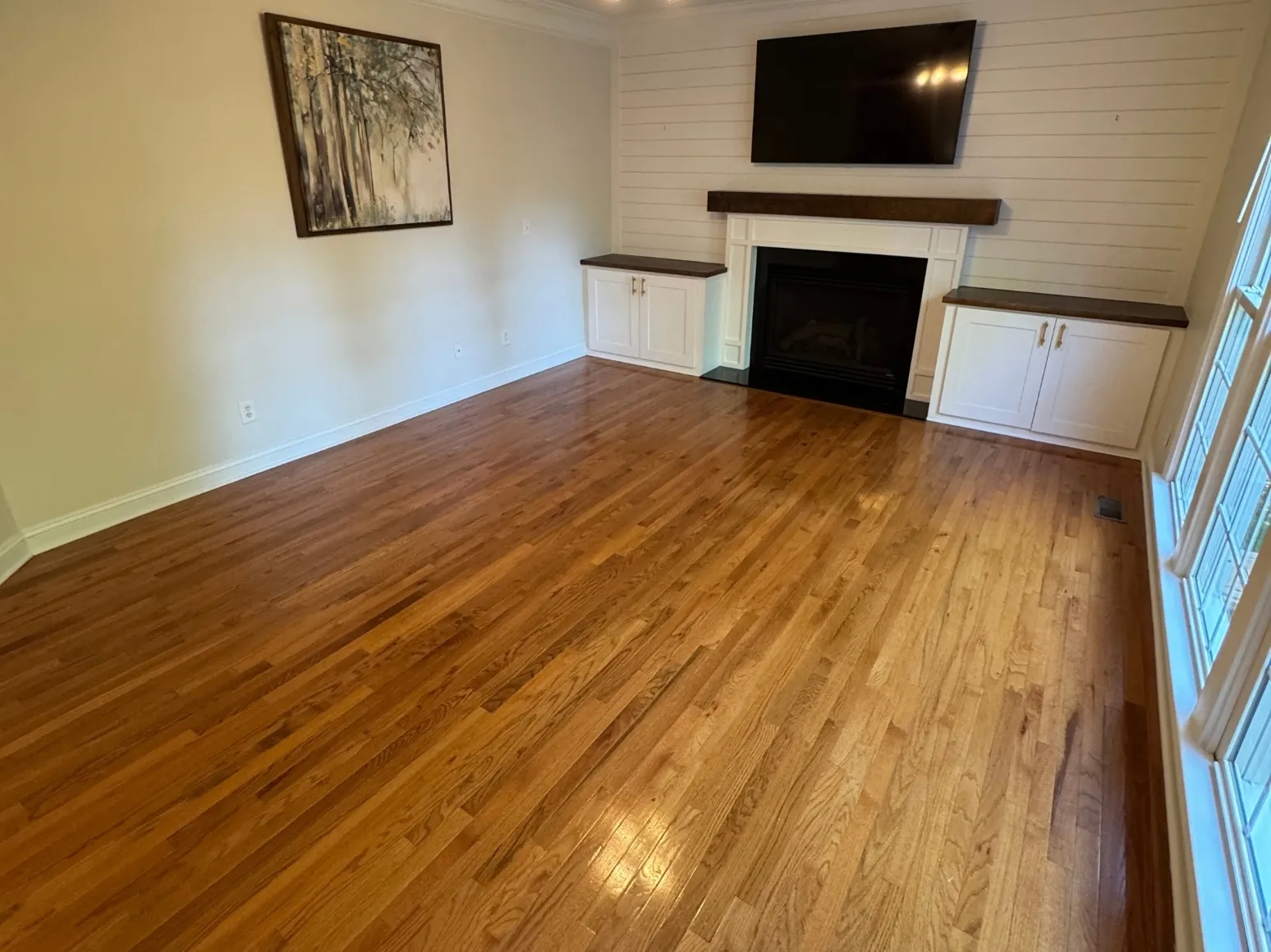 Before refinishing: Shiplap fireplace living room, dark espresso